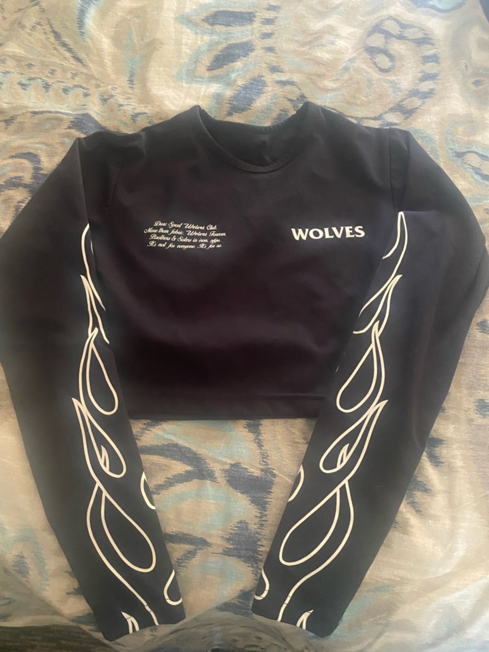 Darc Sport Black Cropped 'WOLVES' Long Sleeve Top with White Flame Graphics